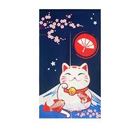 LIGICKY Noren Rideau de Porte Style Japonais Traditionnel Montagne Fuji Chat Lucky Fleur de Cerisier Imprimé Coton Lin Décoration de Fenêtre Porte Tapisserie pour Décoration de Maison 85x150cm Bleu