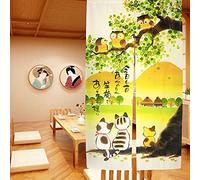 LIGICKY Noren Rideau Japonais Long Tapisserie Fenêtre Rideaux Panneau Tenture Tapisserie Décoration (85×150cm，Chouettes & Chats & Montagne
