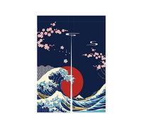 LIGICKY Rideau de porte japonais Noren Ukiyoe Hokusai La Grande Vague de Kanagawa Soleil Fleurs de cerisier Décoration de maison et restaurant 85 x 120 cm Bleu
