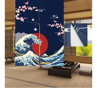 LIGICKY Rideau de porte japonais Noren Ukiyoe Hokusai La Grande Vague de Kanagawa Soleil Fleurs de cerisier Imprimé Tapisserie pour décoration de porte de maison restaurant 85,1 x 120,7 cm, double