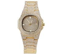 LIGIGWASH Montre Homme Dorée à Quartz avec Bracelet Acier et Zirconium Montre Rhinestone pour Poignet Masculin Design Hip Hop