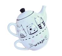 LIGIGWASH Théière et Tasse Céramique Blanc avec Motif Chat Noir et Blanc Décor Élégant pour Maison et Bureau Base Épaisse Stable Cadeau Pratique pour Amateurs de Thé