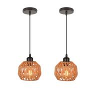 LIGINOK Lot de 2 Lampe Suspendue en Rotin Vintage Boho Suspensions E27 Lustre Abat-jour en Métal et Rotin Luminaire Suspendue Rustique pour Salon Chambre Salle à Manger Couloir Cuisine,Marron