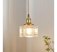 LIGINOK Luminaire Suspension Industriel Vintage E27 Lustre Moderne avec Abat-jour en Verre Clair Lampe Suspendue Carrée Plafonnier Laiton Plafond pour Chambre Salle à Manger Cuisine(A)
