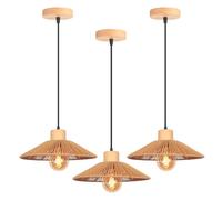 LIGKIN 3 Pièces Lustre Suspension Industrielle Vintage Suspension Luminaire Bois Ø30cm Créative Chapeau Abat-jour en Métal et Rotin E27 Lampe à Suspension Rétro pour Salle à Manger Chambre Salon
