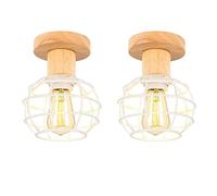 LIGKIN Lot de 2 Plafonnier Industriel, E27 Plafonnier Vintage en Métal Cage et Bois, Suspension Luminaire Rétro Design, Luminaires Intérieur Pour Salon, Chambre(Blanc)