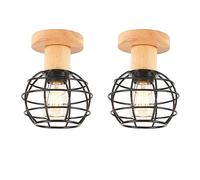 LIGKIN Lot de 2 Plafonnier Industriel, E27 Plafonnier Vintage en Métal Cage et Bois, Suspension Luminaire Rétro Design, Luminaires Intérieur Pour Salon, Chambre(Noir)
