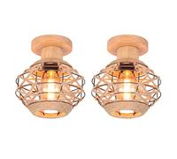 LIGKIN Lot de 2 Plafonnier Vintage Industrielle, E27 Lampe de Plafond Rétro, Ø20cm Abat-jour Cage en forme Diamant en Métal et Corde de Chanvre, Bois Lumière au plafond pour Salon Salle Chambre