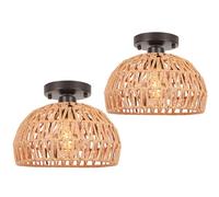 LIGKIN Lot de 2 Plafonnier Vintage Industrielle, E27 Lampe de Plafond Rétro, Ø25cm Abat-jour Cage en forme Ronde en Métal et Rotin, Lumière au plafond pour Salon Salle Chambre(Noir)