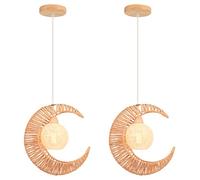 LIGKIN Lot de 2 Suspension Luminaire en Rotin Lustre de Lune E27 Abat-jour en Corde Lampe Suspendue Vintage Luminaire Plafonnier Lampe de Plafond pour Chambre, Salon, Cuisine, Café