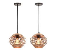 LIGKIN Lot de 2 Suspension Rotin Vintage Lustre Industrielle E27 Boho Lampe Suspendue Rétro Abat-jour Cage Métal et Corde de Chanvre Luminaire Plafonnier pour Salon Salle à manger Chambre, Ø20cm