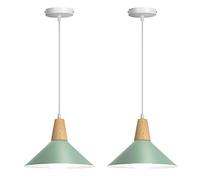 LIGKIN Lots de 2 Suspension Luminaire Vintage Industrielle E27 Plafonnier Lustre Moderne Ø25cm Abat-jour en Métal Bois Lampes Suspendues pour Cuisine Salle à Manger Chambre Café, Vert