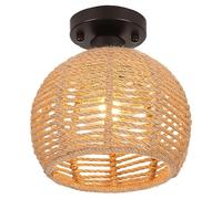LIGKIN Plafonnier Vintage Industrielle, E27 Lampe de Plafond Rétro, Ø20cm Bois Abat-jour Cage en forme Diamant en Métal et Corde de Chanvre, Lumière au plafond pour Salon Salle Chambre, Noir