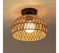 LIGKIN Plafonnier Vintage Industrielle, E27 Lampe de Plafond Rétro, Ø25cm Abat-jour Cage en forme Ronde en Métal et Rotin, Lumière au plafond pour Salon Salle Chambre(Noir)