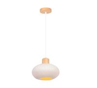 LIGKIN Suspension Luminaire Industriel E27 Lustre Vintage Abat-jour en Céramique Blanc, Lampe Suspension Bois Luminaire Plafonnier pour Chambre Salle à Cuisine manger, Ф23cm