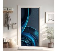 Ligne Bleu Foncé Effet 3D Sticker Porte, Futuriste Papier Autocollant Porte Mural Décoration, Technologie Industriel Stickers Muraux Amovible PVC 77x200 cm