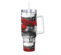 Ligne de coquelicots rouges - Décoration murale,Gobelet isotherme Ice Bully de 40 oz avec poignée, couvercle et paille, en acier inoxydable, pour voiture ou café.