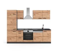 Ligne de cuisine Optima, 270cm sans plan de travail, avec armoire haute, Chêne de force doré/Anthracite, Vicco 55574