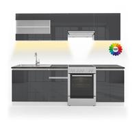 Vicco Ligne de Cuisine R-Line, Anthracite Haute Brillance/Blanc 240 cm | AP Noir avec bande LED, avec modules à position variable et pieds réglables en hauteur
