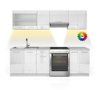 Vicco Cuisine Raul, Blanc, 240cm, PT Marbre avec Bande LED