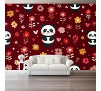 Ligne Plante Floral Animal Panda Modèle Papier Peint Panoramique | Cartoon Illustratif Impression Papier Peint Mural, 350 x 256 cm Rouge Foncé pour Salon Chambre TV Fond Décoration