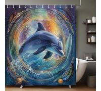 Lignes GéOméTriques Rideau de Douche Dauphin du Ciel étoilé 200x200 cm Impression 3D HD Imperméable Anti-Moisissure, Lavable en Polyester avec 12 Crochets