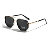 LIGOES TR90 Lunettes de soleil polarisées rétro carré plat double pont plein cadre UV400, Or avec noir, 142 mm x 44 mm x 53 mm x 18 mm