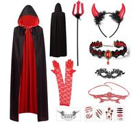 Ligtmor 1.5M Deguisement Vampire Femme, Deguisement Halloween, Cape Vampire, Cape de Vampire Avec Bâton du Diable, Bandeau et Collier Pour Fête D'Halloween, Convient Pour les Tenues de Fête