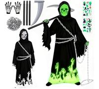 Ligtmor Déguisement faucheuse enfant, Costume Enfant Grim Reaper Fluorescent avec Masque Crâne, Gants, La chaîne pour 4-12 ans Halloween Carnaval Déguisement (L)