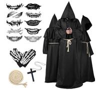 Ligtmor Deguisement Moine, Costume Halloween Homme, Moine Capot Encapuchonné Costume, Costume Robe de Prêtre Halloween avec Collier Croix, Cape à Capuchon Longue pour Carnaval Cosplay(Noir,XXL)