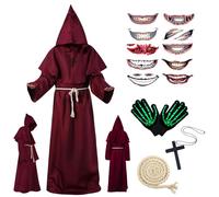 Ligtmor Deguisement Moine, Costume Halloween Homme, Moine Capot Encapuchonné Costume, Costume Robe de Prêtre Halloween avec Collier Croix, Cape à Capuchon Longue pour Carnaval Cosplay(Rouge,XL)