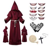 Ligtmor Deguisement Moine, Costume Halloween Homme, Moine Capot Encapuchonné Costume, Costume Robe de Prêtre Halloween avec Collier Croix, Cape à Capuchon Longue pour Carnaval Cosplay(Rouge,L)