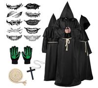 Ligtmor Deguisement Moine, Costume Halloween Homme, Moine Capot Encapuchonné Costume, Costume Robe de Prêtre Halloween avec Collier Croix, Cape à Capuchon Longue pour Carnaval Cosplay (Noir,L)