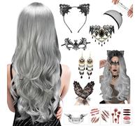 Ligtmor Perruque Halloween Femme, 68CM Perruque Grise Femme, Ensemble de Perruques Gothiques, pour Les Fêtes d'halloween, Les Costumes de Personnages