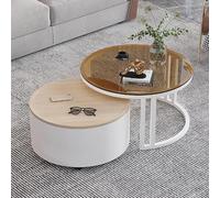 LIGUIEN Lot de 2 Ronde Table Gigogne, Petite Table Basse avec Étagère de Rangement, Verre Trempé avec Roues pour Salon, Bureau À Domicile - Facile À Assembler(B-Wood)