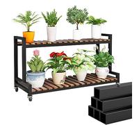 LIGUOYI Étagère De Fleur Chariot De Plantes Extérieur Intérieur, Étagère De Rangement Support À Plantes en Métal, Étagère À Plantes en Bois avec Style Echelle, avec roulettes Noir Blanc