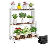 LIGUOYI Étagère De Fleur Chariot De Plantes Extérieur Intérieur, Étagère De Rangement Support À Plantes en Métal, Étagère À Plantes en Bois avec Style Echelle, avec roulettes Noir Blanc