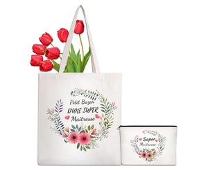 LIHIQIYA Cadeau Maitresse d'école, Tote Bag maitresse avec Petite Pochette | Cadeau Maîtresse avec Petite Pochette Sacs Coton Sac en Toile Merci Cadeau Maitresse D'École Fin D'année pour Anniversaires