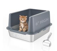LIHOOOOM Bac à litière avec couvercle, bac à litière en acier inoxydable, plateau à litière en métal de 25,4 cm, côtés hauts, petit bac à litière pour chatons, bac à litière fermé, revêtement non