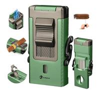 LIHTUN Allume-Cigare, Briquet Torche intégré, Porte-Cigare intégré, rehausseur de tirage de cigares, perforatrice à cigares, Briquet Butane avec Coupe-Cigare Pliable en Forme de V (Verte)