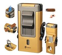 LIHTUN Allume-Cigare, Briquet Torche intégré, Porte-Cigare intégré, rehausseur de tirage de cigares, perforatrice à cigares, Briquet Butane avec Coupe-Cigare Pliable en Forme de V (Doré)
