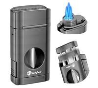 LIHTUN Allume-Cigare Multifonction avec Porte-Cigare intégré et Coupe-Cigare à Une Touche V-Cut, Briquet Butane à Triple Jet de Flamme, Accessoires pour cigares (Gris)