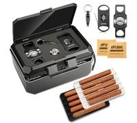 LIHTUN Ensemble d'accessoires pour cigares et cave à cigares de voyage avec 2 coupe-cigares, 1 perforateur à cigares, hygromètre, triple cave à cigares, excellent cadeau pour homme