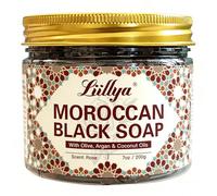 Liillya Savon Noir Corps Marocain à l’Huile d’Olive, Argan, Coco & Rose, Beldi Traditionnel MAROC Kessa Hammam, Gommage, Exfoliant, Hydratant pour Visage et Corps, Naturel, Vegan, 200g