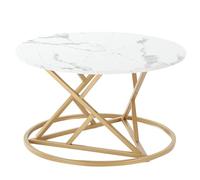Liink1Ga Table basse ronde en marbre blanche pour salon, avec cadre doré champagne et plateau aspect marbre synthétique