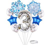 Liitata 3. Décoration d'anniversaire de la Reine des Neiges Lot de 3 ballons en aluminium Argent Grands flocons neige Ballon Mylar - Confettis Ballons en latex pour enfants et filles d'anniversaire
