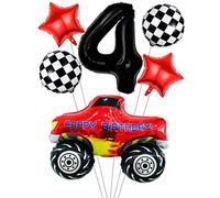 Liitata Ensemble de 4 ballons de course pour voiture de course - Décoration d'anniversaire - Numéro 4 - Noir - Grand ballon de course Drapeau de cible - Ballon étoile - Pour garçon, anniversaire fête