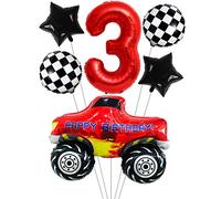 Liitata Ensemble de ballons de course pour voiture de course 3ème anniversaire enfant Décoration chiffre 3 ballons en aluminium Rouge Grand drapeau de voiture Ballon d'étoile Pour garçon, anniversaire
