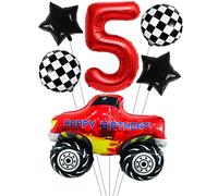 Liitata Ensemble de ballons de course pour voiture de course 5ème anniversaire enfant décoration chiffre 5 ballons aluminium rouge Grand modèle voiture drapeau cible étoile garçon anniversaire fête