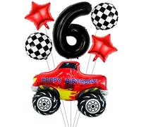 Liitata Ensemble de ballons de course pour voiture de course 6e anniversaire enfant décoration numéro 6 ballons aluminium noir Grand modèle voiture drapeau cible étoile ballon garçon anniversaire fête